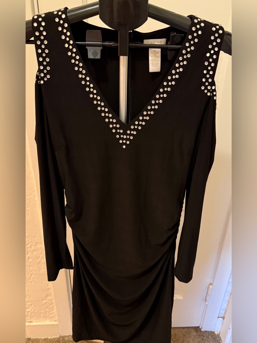 Cache Black Long-Sleeve V-Neck Dress with Silver Studs